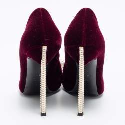 Pre Owned Casadei Burgundy Velvet Crystal and Faux Pearl Embellished Pumps Size 38