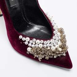 Pre Owned Casadei Burgundy Velvet Crystal and Faux Pearl Embellished Pumps Size 38