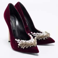 Pre Owned Casadei Burgundy Velvet Crystal and Faux Pearl Embellished Pumps Size 38