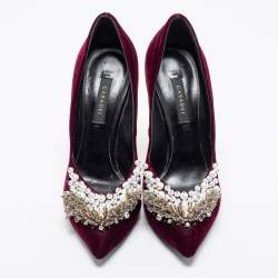 Pre Owned Casadei Burgundy Velvet Crystal and Faux Pearl Embellished Pumps Size 38