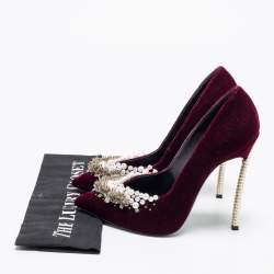 Pre Owned Casadei Burgundy Velvet Crystal and Faux Pearl Embellished Pumps Size 38
