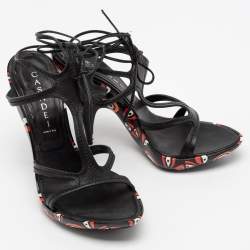 Pre Owned Casadei Black Leather Strappy Tie Up Sandals Size 38