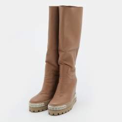 Pre Owned Casadei Nude Pink Suede and Leather Wedge Boots Size 38.5