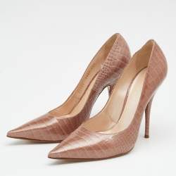 Pre Owned Casadei Light Brown Croc Embossed Patent Leather Pointed Toe Pumps Size 38.5