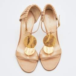 Pre Owned Casadei Metallic Beige Leather Ankle Strap Sandals Size 38.5