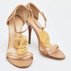 Pre Owned Casadei Metallic Beige Leather Ankle Strap Sandals Size 38.5