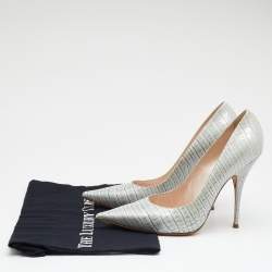 Pre Owned Casadei Grey Croc Embossed Patent Leather Pointed Toe Pumps Size 38.5