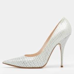 Pre Owned Casadei Grey Croc Embossed Patent Leather Pointed Toe Pumps Size 38.5