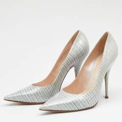 Pre Owned Casadei Grey Croc Embossed Patent Leather Pointed Toe Pumps Size 38.5