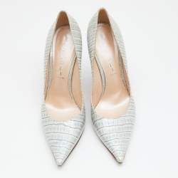 Pre Owned Casadei Grey Croc Embossed Patent Leather Pointed Toe Pumps Size 38.5