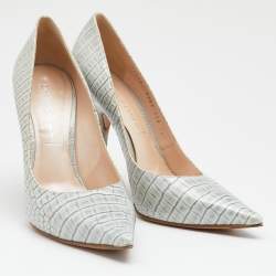 Pre Owned Casadei Grey Croc Embossed Patent Leather Pointed Toe Pumps Size 38.5