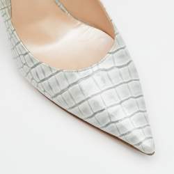 Pre Owned Casadei Grey Croc Embossed Patent Leather Pointed Toe Pumps Size 38.5