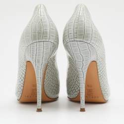 Pre Owned Casadei Grey Croc Embossed Patent Leather Pointed Toe Pumps Size 38.5