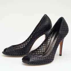 Pre Owned Casadei Black Laser Cut Leather Peep Toe Pumps Size 39