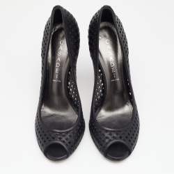 Pre Owned Casadei Black Laser Cut Leather Peep Toe Pumps Size 39