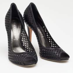 Pre Owned Casadei Black Laser Cut Leather Peep Toe Pumps Size 39
