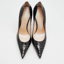 Pre Owned Casadei Black Croc Embossed Patent Leather Pointed Toe Pumps Size 38.5