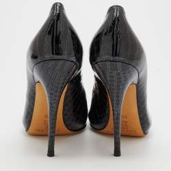 Pre Owned Casadei Black Croc Embossed Patent Leather Pointed Toe Pumps Size 38.5