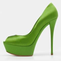 Pre Owned Casadei Green Satin Peep Toe Platform Pumps Size 38