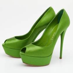 Pre Owned Casadei Green Satin Peep Toe Platform Pumps Size 38