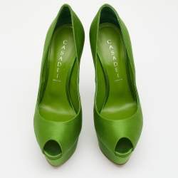 Pre Owned Casadei Green Satin Peep Toe Platform Pumps Size 38