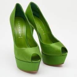 Pre Owned Casadei Green Satin Peep Toe Platform Pumps Size 38