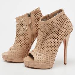 Pre Owned حذاء بوت كاسادي جلد بيج قصات ليزر مقدمة مفتوحة نعل سميك مقاس 38