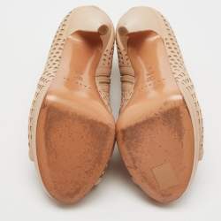 Pre Owned حذاء بوت كاسادي جلد بيج قصات ليزر مقدمة مفتوحة نعل سميك مقاس 38