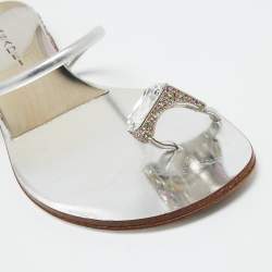 Pre Owned Casadei Silver Leather Crystal Embellished Ring Toe Flat Sandals Size 39