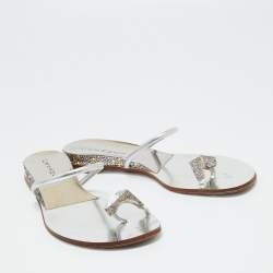 Pre Owned Casadei Silver Leather Crystal Embellished Ring Toe Flat Sandals Size 39
