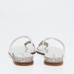 Pre Owned Casadei Silver Leather Crystal Embellished Ring Toe Flat Sandals Size 39