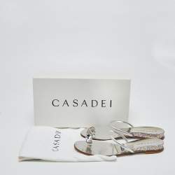 Pre Owned Casadei Silver Leather Crystal Embellished Ring Toe Flat Sandals Size 39