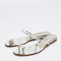 Pre Owned Casadei Silver Leather Crystal Embellished Ring Toe Flat Sandals Size 39