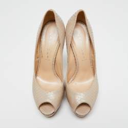 Pre Owned Casadei Beige Python Embossed Leather Peep Toe Platform Pumps Size 38