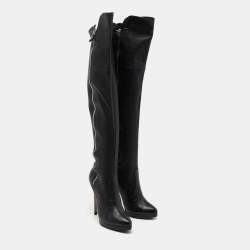 Pre Owned Casadei Black Leather Knee Length Platform Boots Size 37.5