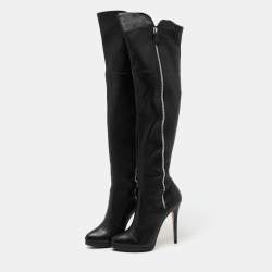 Pre Owned Casadei Black Leather Knee Length Platform Boots Size 37.5