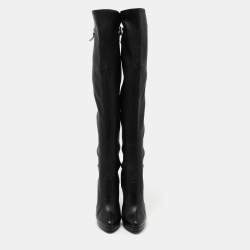 Pre Owned Casadei Black Leather Knee Length Platform Boots Size 37.5