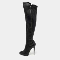 Pre Owned Casadei Black Leather Knee Length Platform Boots Size 37.5