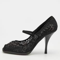 Casadei Black Crochette Nylon and Suede Peep Toe Pumps Size 39