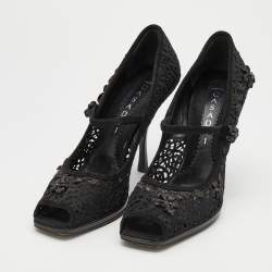 Casadei Black Crochette Nylon and Suede Peep Toe Pumps Size 39
