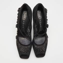 Casadei Black Crochette Nylon and Suede Peep Toe Pumps Size 39