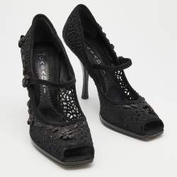 Casadei Black Crochette Nylon and Suede Peep Toe Pumps Size 39