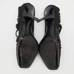Casadei Black Crochette Nylon and Suede Peep Toe Pumps Size 39