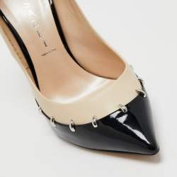 Pre Owned Casadei Beige/Black Patent and Leather Blade Pumps Size 36