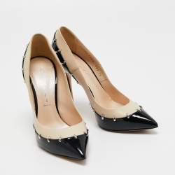 Pre Owned Casadei Beige/Black Patent and Leather Blade Pumps Size 36