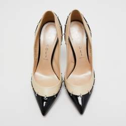 Pre Owned Casadei Beige/Black Patent and Leather Blade Pumps Size 36