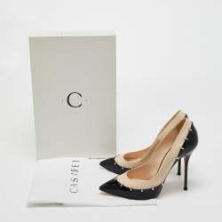 Pre Owned Casadei Beige/Black Patent and Leather Blade Pumps Size 36