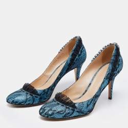 Pre Owned Casadei Blue/Black Lace and Leather Pumps Size 40