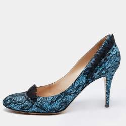 Pre Owned Casadei Blue/Black Lace and Leather Pumps Size 40