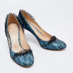 Pre Owned Casadei Blue/Black Lace and Leather Pumps Size 40